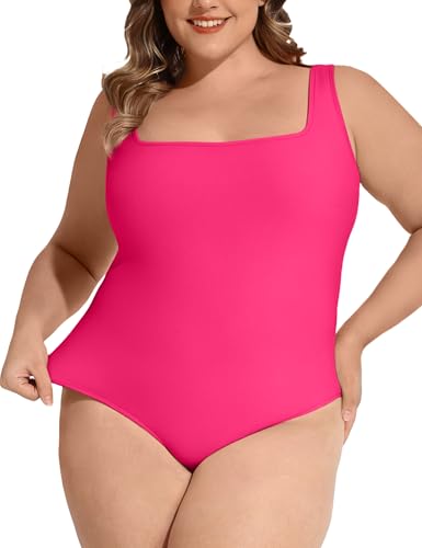 Image of FOREYOND Plus Size Bodysuits for Women Short Sleeves Square Neck Body Suit Tops Casual Basic Slim Fit Shirts Leotards
