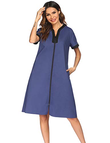 Ekouaer Zipper Robes for Women Sleepwear Cotton Lightweight Long Robe V-Neck Floral Front Zipper Nightgown Duster-XL Navy Blue