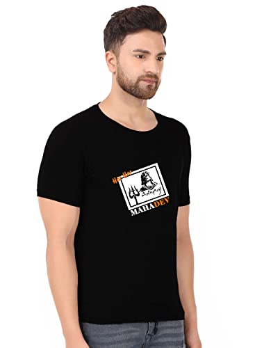Image of prabhu bhakti Mahadev Image with Text Graphic Printed Tshirts Shiva Mahadev Tshirts Cotton Round Neck Half Sleeve Black T-Shirt for Men Boys Trendy Mahadev Tshirts