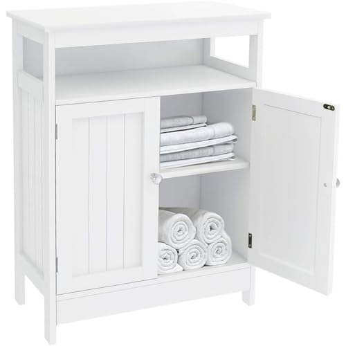 Shally Dogan Armadio da Bagno Autoportante Legno Salvaspazio, Mobile Bianco da Terra con 2 Ante e 2 Ripiani, Mobiletto Bianco con Piano Regolabile per Casa, Cucina, Salone, Salotto, Ingresso, Ufficio