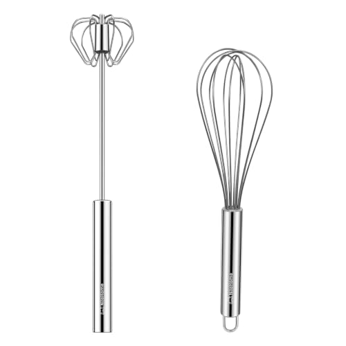 Image of NileHome Stainless Steel Whisk 8 inch Hand Blender + 10 inch Semi-Automatic Rotary Kitchen Whisk Kitchen Wisk Wire Whisks for Cooking, Whisking, Blending, Beating, Stirring- 2 Pack...