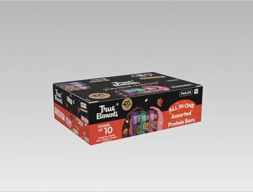 Image of True Elements All in One Flavours Protein Bar - 50g Each * Pack of 6 (300g) - 10g Protein + 7g Fibre | Strawberry , Chocolate & Almonds, Nuts | Crunchy Protein Bars | Sweetened with Jaggery | Healthy Snacks