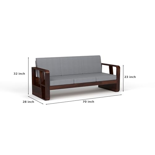 Image of KINGS HOME FURNITURE Sheesham Wooden 3 Seater Sofa for Living Room | Solid Wood Sofa with Side Newspaper Holder | Rosewood Sofa Set for Home & Office | Lounge (Walnut Finish, 3 Seater)
