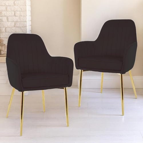 Image of Velvet Chair for Home | Modern Accent Armchair in Soft Velvet Fabric with Golden Legs | Set of 2 Premium Accent Chair for Living Room Bedroom Restaurent | (Black, Standard)