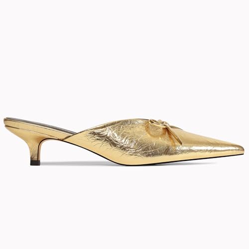 Image of Kitten Heels for Women Heeled Mules Stiletto Pumps Bow Closed Toe Pointed Toe Low Heel Slip on Fashion Metallic Backless Prom Party Dressy