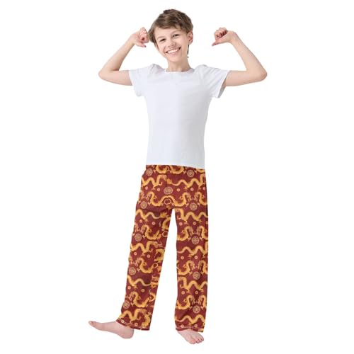 Chinese Dragon Good Fortune Boys Long Pants Soft Trousers Elastic Waist Kids Lounge Bottoms with Pockets S-XL2