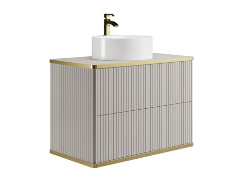 Vente-unique-Waschbeckenunterschrank hängend mit rundem Aufsatzwaschbecken - Streifenoptik - Goldfarbene Umrandung - Beige - 80 cm - KELIZA