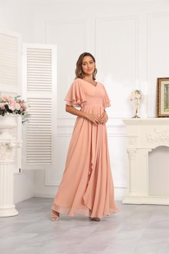 Image of Women's V Neck Short Sleeve Bridesmaid Dresses for Wedding Ruffled Chiffon Evening Formal Gown