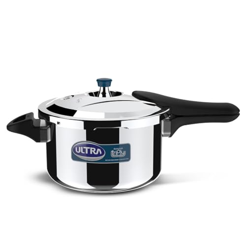 Image of Ultra Dura cook Triply 3.5 L pressure cooker,SS 304 Food Grade,'SCTS'Anti Bulging,Froth collector,Broad Base quick cooking -savesgas.Solid backelite handles,3 layered body, Induction,ISI,5 Y warranty.