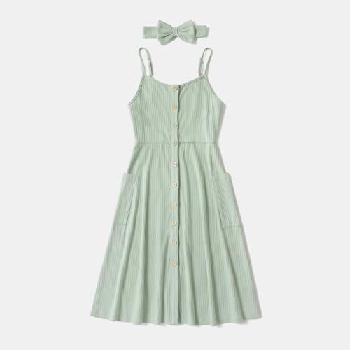 Image of IFFEI Mommy and Me Matching Dress Spaghetti Strap Summer Casual Sundress Beach Sleeveless Dress with Headband