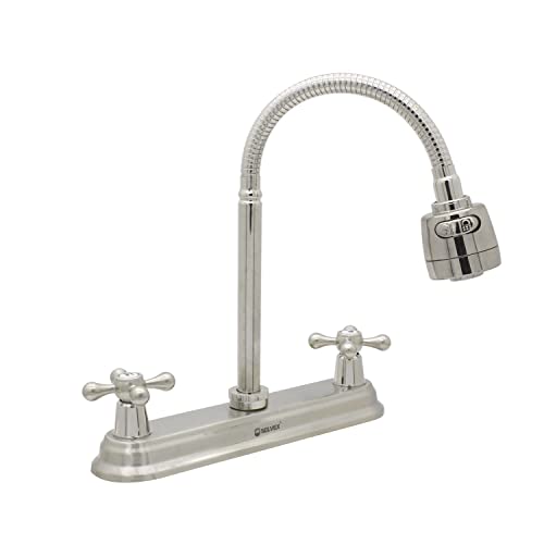 Solvex 2 Handle Kitchen Sink Faucet, High Arc 360 Swivel Stainless Steel Pipe 3 Hole Kitchen Faucet, Commercial Modern Brushed Nickel Kitchen Sink Faucet With Flexible Spout, Sp-80060-2 #TOP3