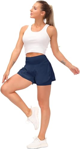 Shorts Damen Sommer Kurze Hosen Damen 2 in 1 Laufshorts Sport Running Shorts Fitness Sporthose Yoga Tennis Jogging Beiläufige Elastisch Schnelltrocknende (A Marine1, S)