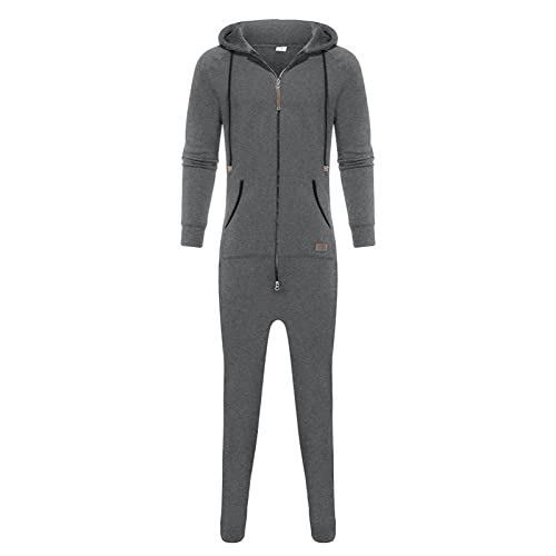 Men's Hooded Jumpsuit Zip Up One Piece Pajamas Playsuit Jogger Sweatsuit Overall Romper (Grey,XX-Large)4