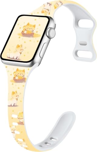 Image of Slim Cute Cartoon Band Printed Compatible with Apple Watch Bands 49mm 46mm 45mm 44mm 42mm 41mm 40mm 38mm Women, Silicone Adorable Printed Fadeless Pattern Design Strap for iWatch Series 11 10 9 8 7 6 5 4 3 2 1SE Cat