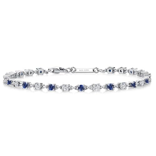 Gem Stone King Blue Created Sapphire and White Moissanite Tennis Bracelet for Women in 925 Sterling Silver | 1.76 Cttw | Round 2.5MM | Gemstone September Birthstone | 7 Inch