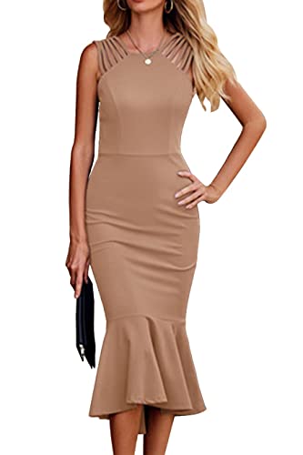 PRETTYGARDEN Women's Elegant Midi Bodycon Dress Sleeveless Backless Ruffle Hem Mermaid Formal Cocktail Wedding Guest Dresses (Khaki,Small)