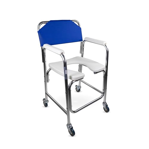 Mobiclinic®, Silla para WC, Ligera, Asiento ergonómico, Reposabrazos Acolchados, Manzanares, Máx. 100 Kg, Sistema Frenado, Aluminio, Blanco y Azul