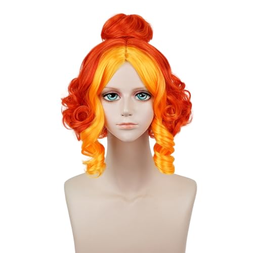 Probeauty Orange Wig with Bun Women Wavy Cosplay Wig Short Orange Red Curly Wigs for Halloween Costume Party