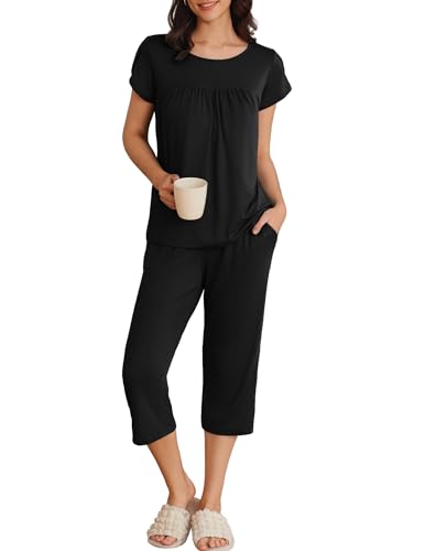 Image of Ekouaer Women's Capri Pajama Set Short Sleeve Mumu Pjs Pleated Top Capri Pants with Pockets Sleepwear Lounge Set