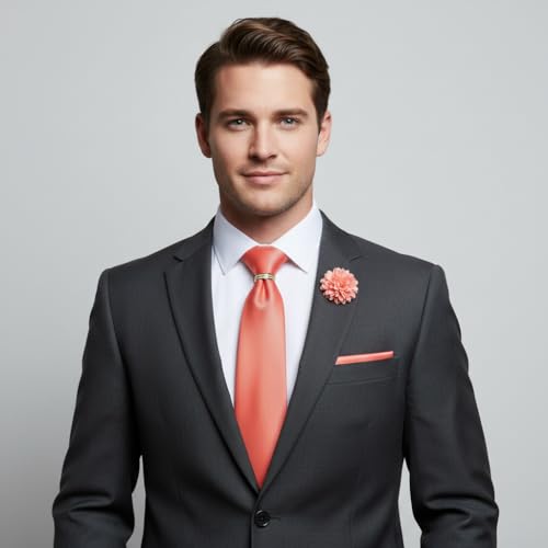 Image of 5PCS Mens Silk Designer Tie, Pocket Square, Cufflinks, Drilled Tie Ring and Lapel Pin Set for Wedding Groom Party