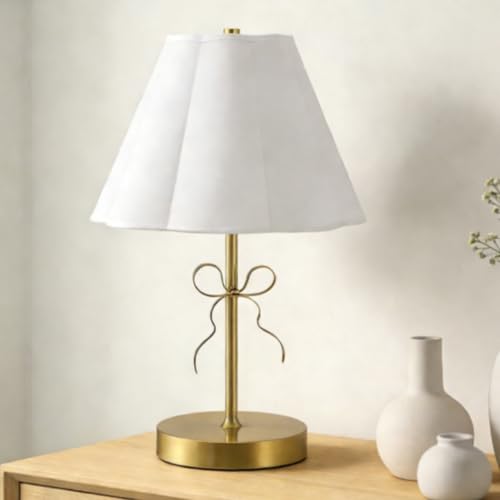 Image of Gold Bow Table Lamp for Girls Room 16 Inch Large Coquette Bow Table Lamp with Scalloped Fabric Shade Modern Decorative Desk Light for Nightstand Living Room Nursery Bedroom