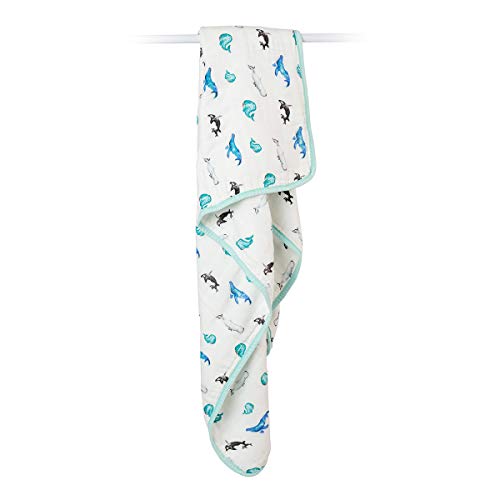 Lulujo Baby 4-Layer Blanket| Unisex Softest Bamboo Muslin Quilt Blanket With Jersey Trim| Neutral Receiving Blanket For Girls & Boys Nursery & Crib Blanket| 47In X 47In| Whales #TOP1