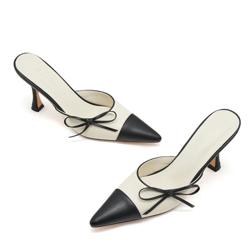 Women Bow Mule Heels Pointed Toe Chic Kitten Heel Slides Vintage Color Block Stiletto Mules Dress Party Wedding Pumps4