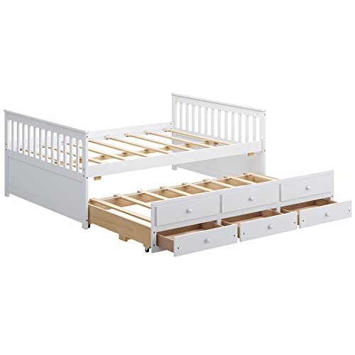 Komfott Wood Full Trundle Bed With Storage Drawers, Daybed With Trundle, No Box Spring Needed Daybed Frame, Twin Size Trundle Bed With Storage For Kids Teens & Adults, Captain’s Bed #TOP7