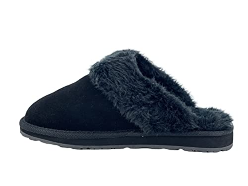 Image of Clarks Womens Open Back Suede Leather Comfort Clog Slipper JMS0583C - Plush Faux Fur Trim - Indoor Outdoor House Slippers For Women