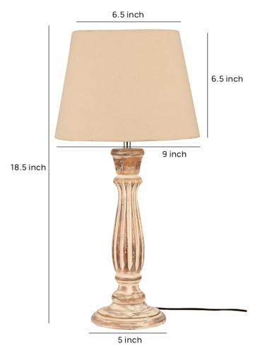 Image of Green Girgit Athens Wooden lamp with Taper Samre White Solid Shade, Vintage Style Table Lamp with Distressed Wood Base, Cream Fabric Shade (LED Bulb Included)