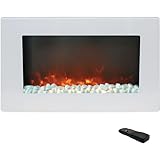 Cambridge Callisto 30 Inch Wall Mounted Flat Panel Electric Fireplace Heater with Remote Control, Realistic Flames, and Crystal Rock Display for Living Room, Bedroom, Home Office, White