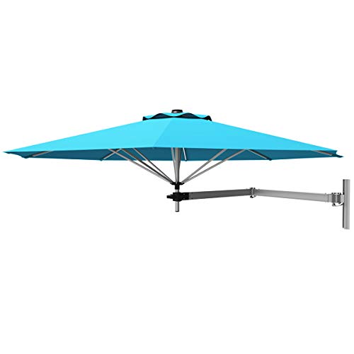 GYMAX Ombrellone da Parete a Braccio con Testa Inclinabile, 8 Costole Robuste, Supporto Regolabile – Blu