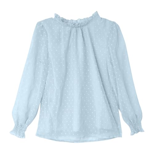 Girls Long Sleeve Shirts Chiffon Blouses Swiss Dot Frill Neck Tunic Casual Loose Cute Top Tee2