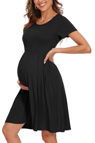 Image of WOOXIO Women's Short Sleeve Maternity Dress Patchwork Pregnancy Clothes with Pockets