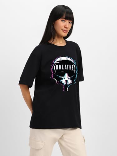 Image of JUNEBERRY Pure Cotton Round Neck Half Sleeve Oversized Baggy Fit Drop Shoulder Front Printed T-Shirt for Women