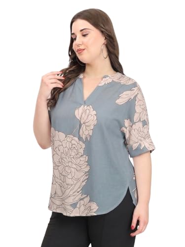 Image of SINDOORI Relaxed Fit Tops for Women Plus Size Solid Printed Mandarin Collar, Band Collar, V-Neck Top, Half Sleeve Loose Fit