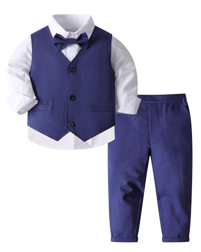 Image of ARTMINE Toddler Boy Clothes Suit Gentleman Wedding Outfits, Formal Dress Shirt+Bowtie+Vest+Pants