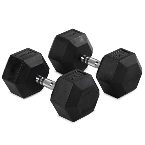 Titan Fitness 60 LB Pair Free Weights, Black Rubber Coated Hex Dumbbell, Ergonomic Cast Iron Handle, Strength Training