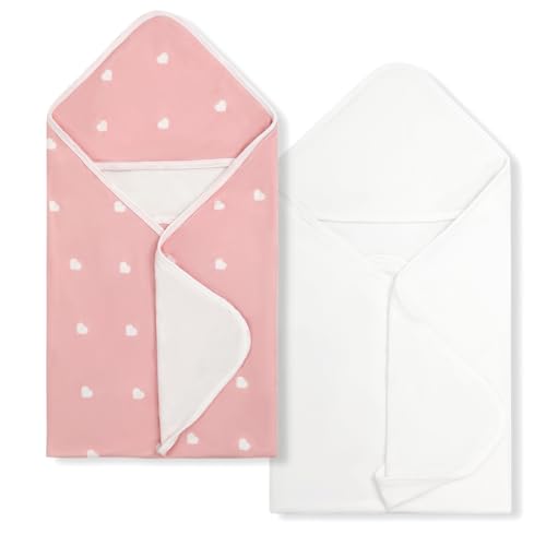 Image of BabyAlly Baby Towels 2 Pack,Hooded Baby Towels Set,Baby Infant Bath Towels with Hood,Soft and Absorbent Nursery Towel,Large 28x28 Inch, Newborn Essential(Pink Heart + Pure White)