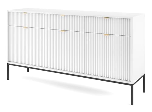 Selsey Cómoda Dormitorio Vellore 104x83x39 cm - Aparador Moderno y Minimalista con Frentes Acanalados, Blanco, Marco Dorado - Cómodas Dormitorio Elegantes con Gran Capacidad de Almacenamiento