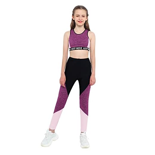 iEFiEL Kinder Trainingsanzug Mädchen Sport BH Weste & Leggings Sportlich Jogginganzug Jogger Jumpsuit Druck Sportanzug 4-16 Jahre Rosa Schwarz 122-128