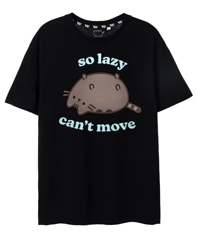 Pusheen Womens T-Shirt | Black So Lazy Graphic Tee for Ladies | Oversized Cute Kitty Short-Sleeve Tshirt | Lightweight Internet Cat Apparel Top | Stylish Daywear Merchandise Gift for Adults