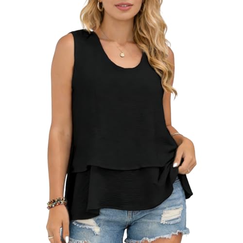Image of Summer Tops for Women Flowy Chiffon Sleeveless Blouses White Tank Top Woman Ladies Crewneck Double Layers Strap Shirt