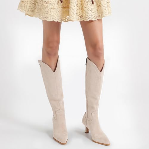 DOBOYG Knee High Boots for Women Kitten Low Heel Pointed Toe Tall Boots Suede Fall Winter Long Boots with Side Zipper4