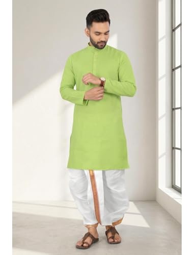 Image of UNIQUE MOMENTS Men's Cotton Dhoti Kurta Set with Full Sleeves Solid Pattern Modern Style and Mandarin Collar Neck | Perfect for Puja & Celebrations