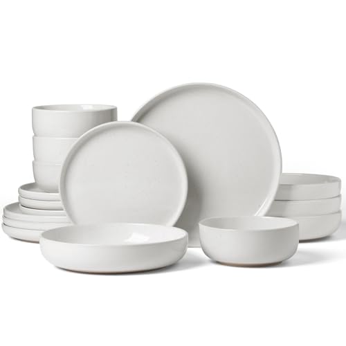 Image of Famiware Milkyway Stoneware Dinnerware Sets with Pasta Bowls, Service for 4 (16 Pieces), Plates and Bowls Sets -Scratch Resistant, Microwave and Dishwasher Safe Dishes Set, White