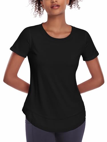 Deaviya Sport T-Shirt Damskie, Krótki Rękaw Kobiety, Luźna, Treningowa Bluzka Z Okrągłym Dekoltem Atletycka, Casual, Do Biegania, Jogi, Fitness, T-Shirty Z Bocznym Rozcięciem Tee, Czysty czarny, 3XL