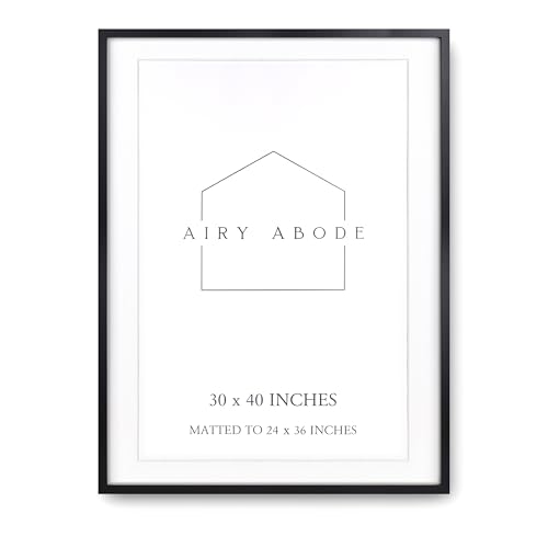 Airy Abode Premium Black Wood Picture Frame 30x40 Matted to 24x36 - Pick Your Size and Color