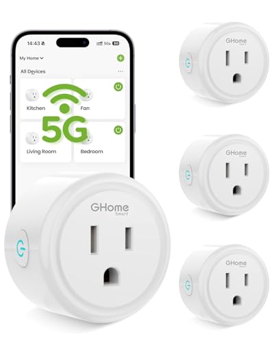 GHome Smart 5G 15A WiFi Smart Plug Compatible with Alexa and Google Home, Outlet Timer Smart Home WiFi Outlet Timer with Remote Control, 5GHz and 2.4GHz Wi-Fi Sockets, ETL FCC Listed, White, 4 Pack