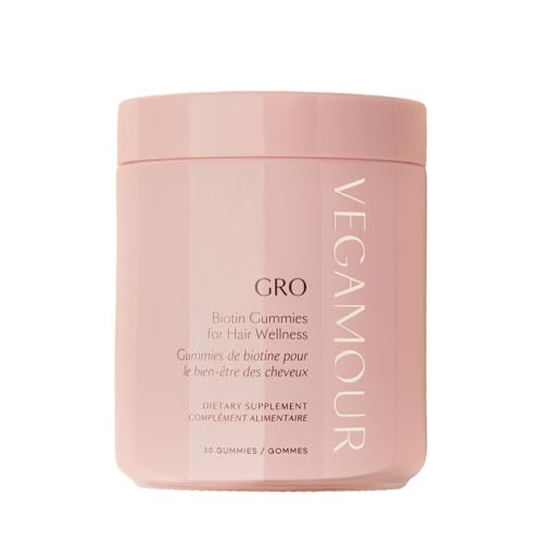 VEGAMOUR GRO Biotin Gummies, Strawberry Flavor with 5000 mcg Biotin, Supports Healthy Hair Vegan Gummies with Vitamins A, B, C, E, B-12 & More, 30 Ct